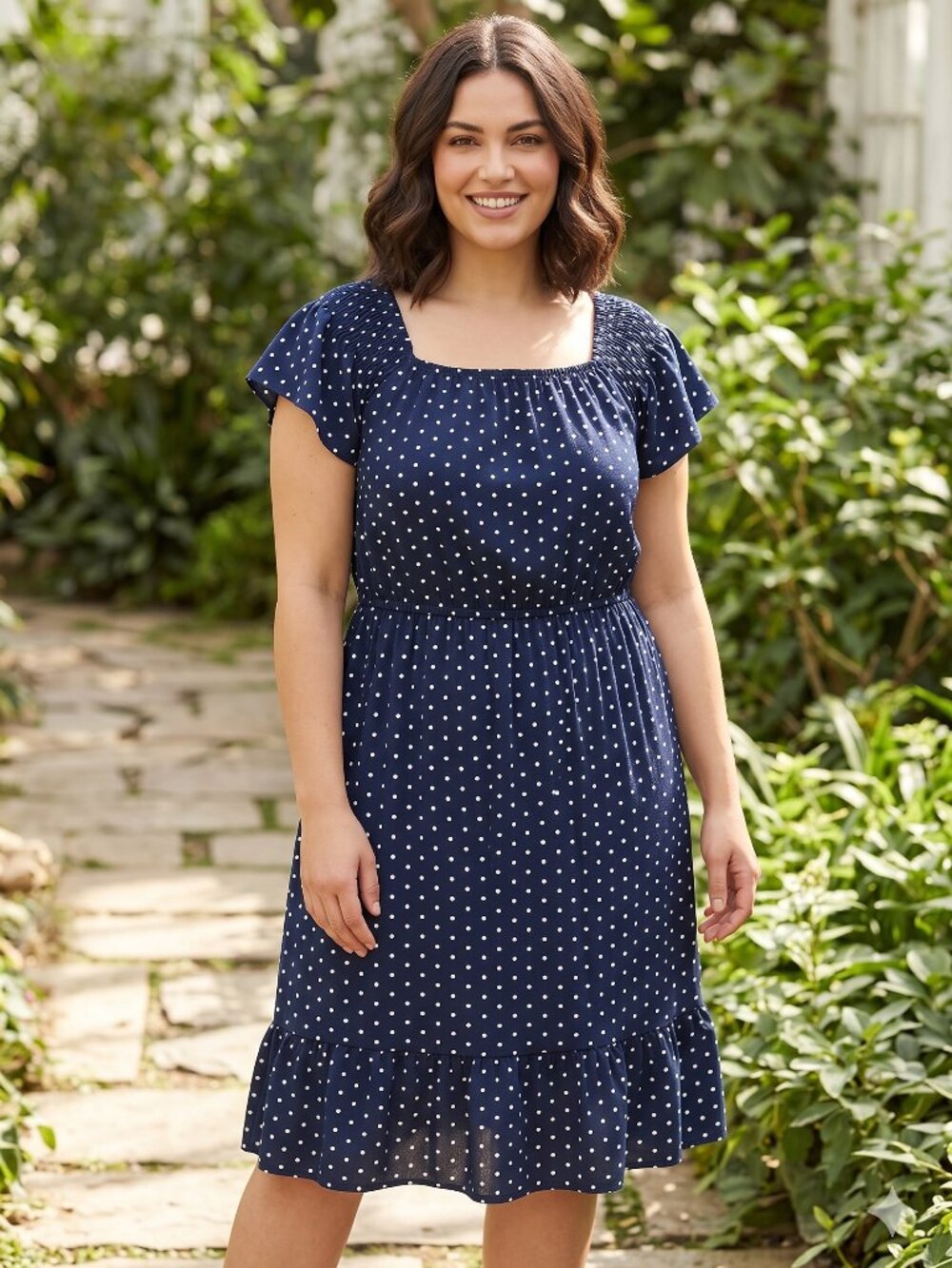 Wrapper Navy Blue Polka Dot Square Neck Midi Dress